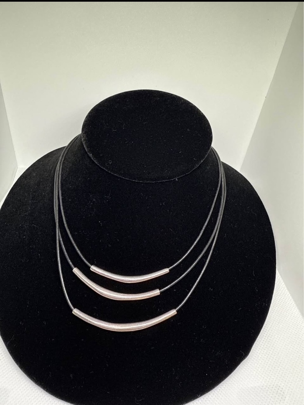 Three-Tier Sterling Silver Tube Necklace on Black Cord